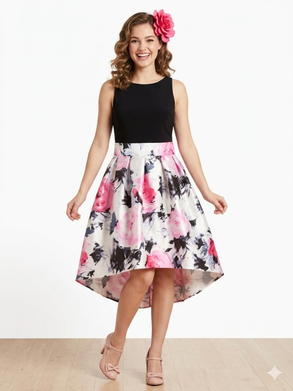 SLNY Black Bodice Pink Floral High-Low Dress